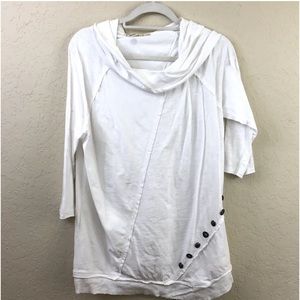 🐚 Soft Surroundings 100% Cotton Cowl Neck Raw Hem White Tunic.  L, Large